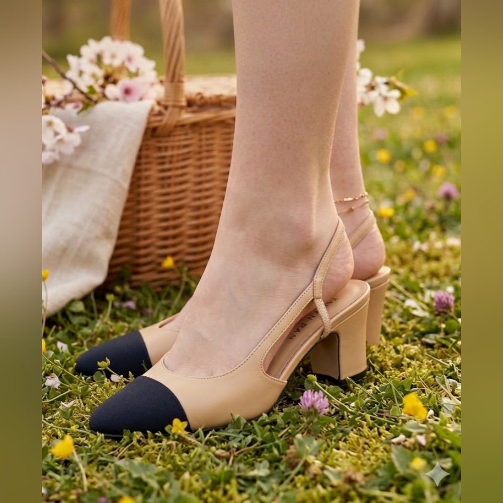 KAITLYN PAN Beige and Black Block Heel Slingback Pump Sandals - Size 6.5